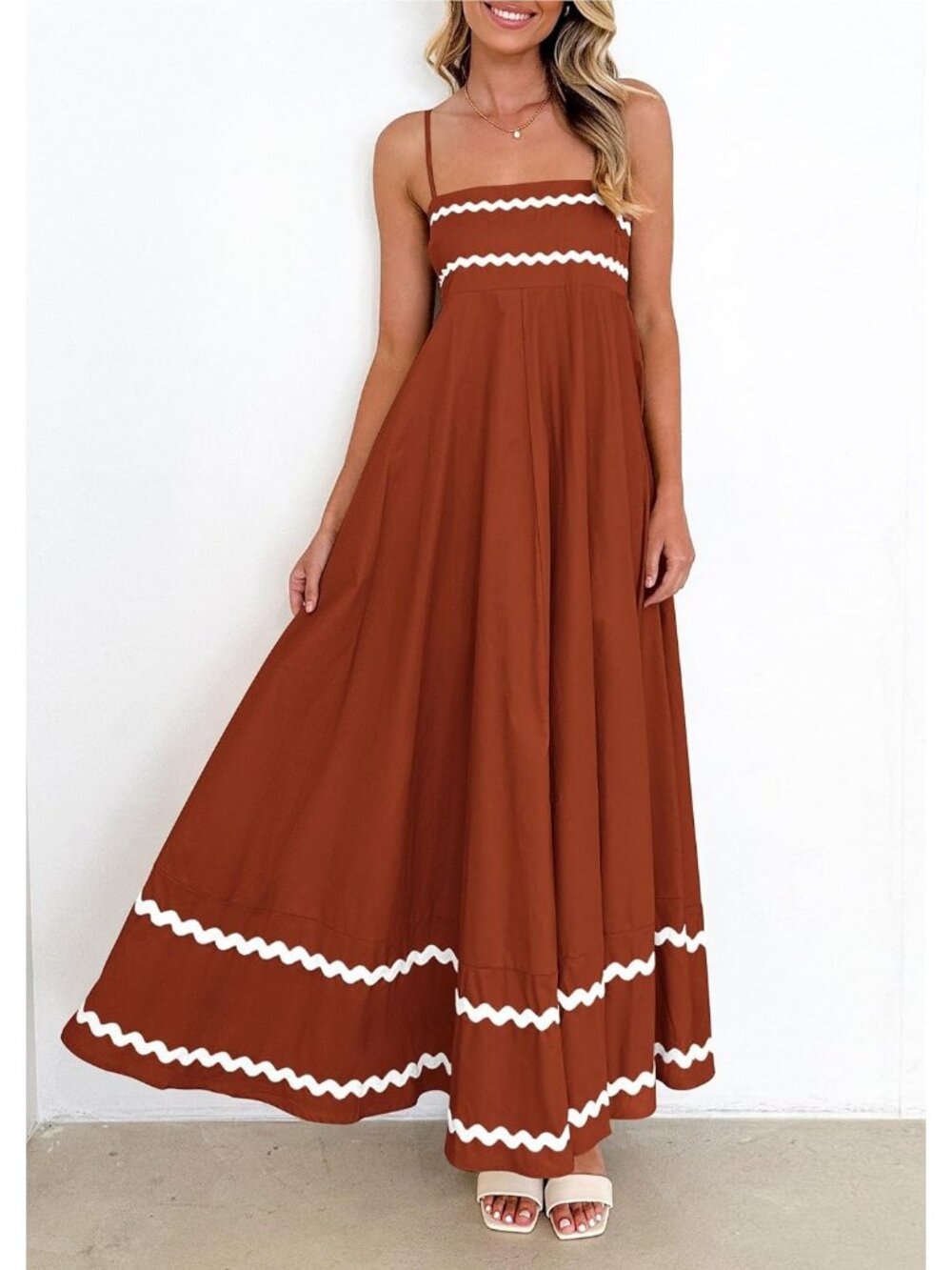 Women's Brown White Sleeveless Square Neck High Waist Pocket Maxi Dress - Picture 4 of 6